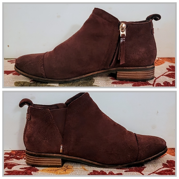 Toms Shoes - TOMS Brown Suede Ankle Boots Side Zip Comfort Low Heel Women's Chelsea 7.5